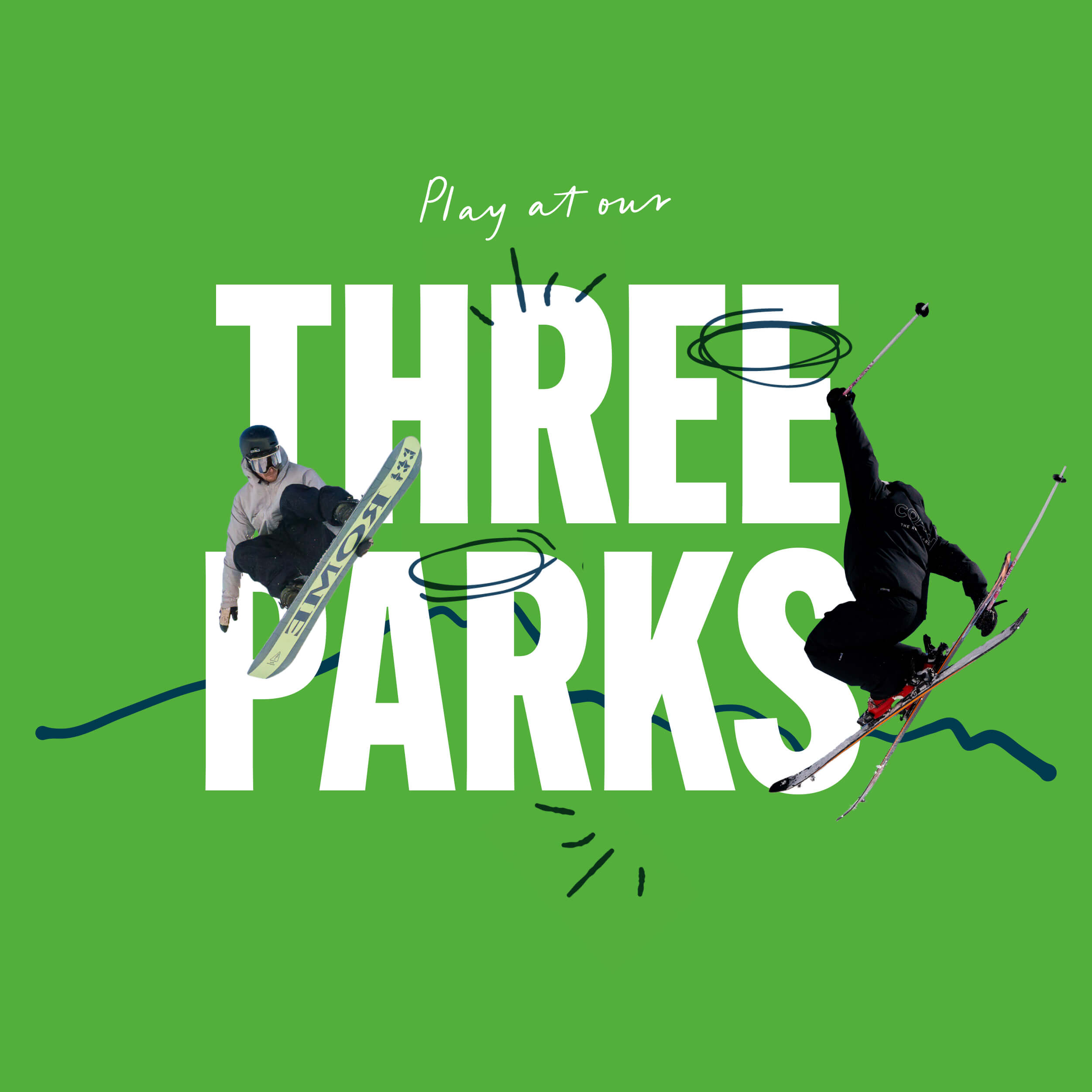 Two skiers performing jumps on a green background with large text reading 'THREE PARKS'.